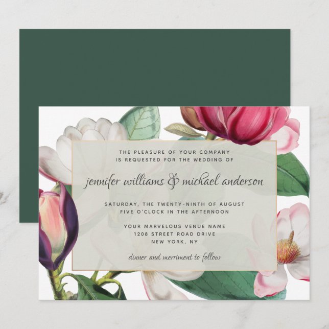 Invitation Magnolia Romantique Fleurit Élégant Floral (Devant / Derrière)