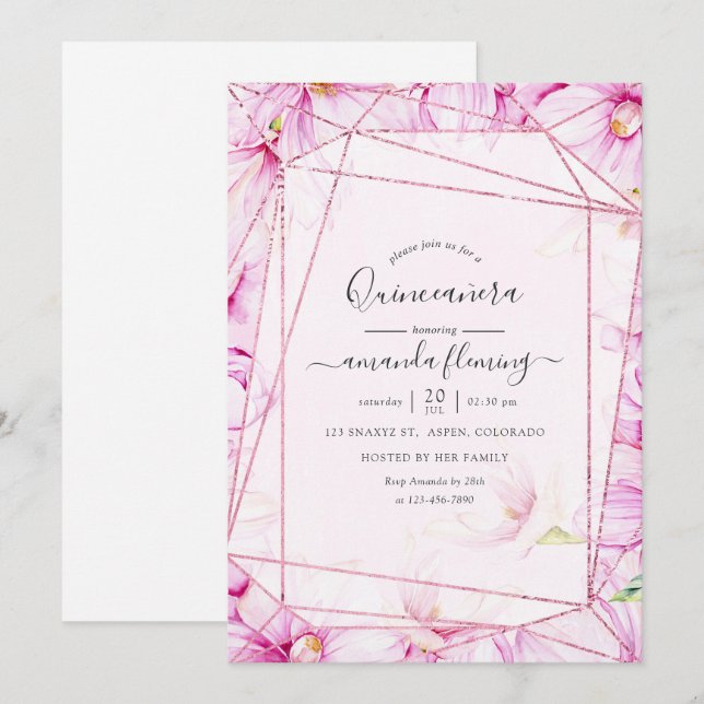 Invitation Magnolia rose d'or et rose géométrique Quinceañera (Devant / Derrière)