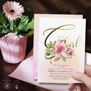 Invitation Magnolia Rose Élégant Écriture Dorée C'est une Fil
