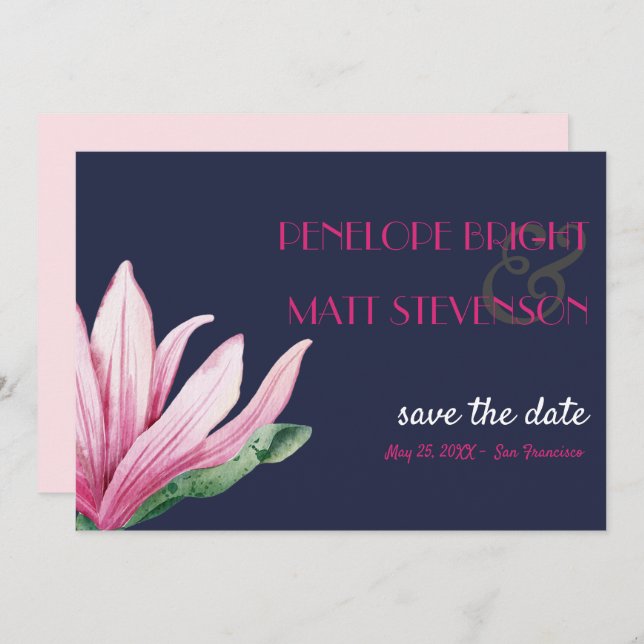 Invitation Magnolia rose Fleur Bleu MARIAGE SAUVER LA DATE (Devant / Derrière)