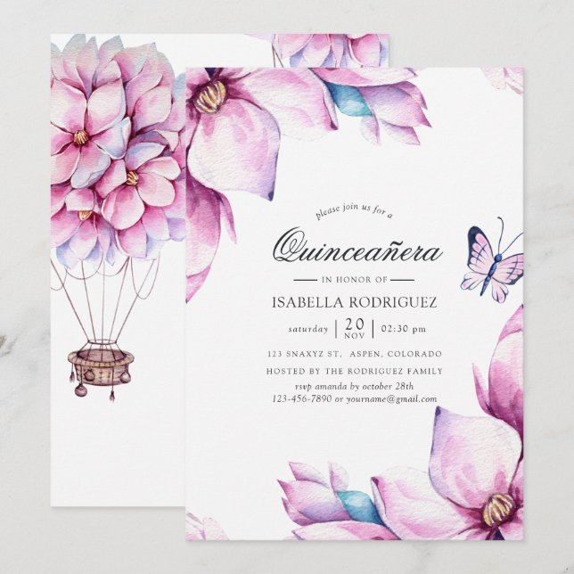 Invitation Magnolia rose Floral Quinceañera (Devant / Derrière)