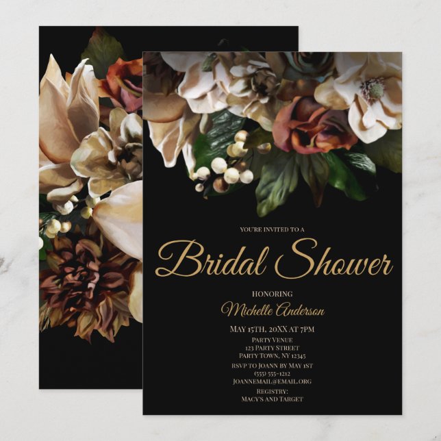 Invitation Magnolia Top Gold et Black Floral Fête de l'mariée (Devant / Derrière)