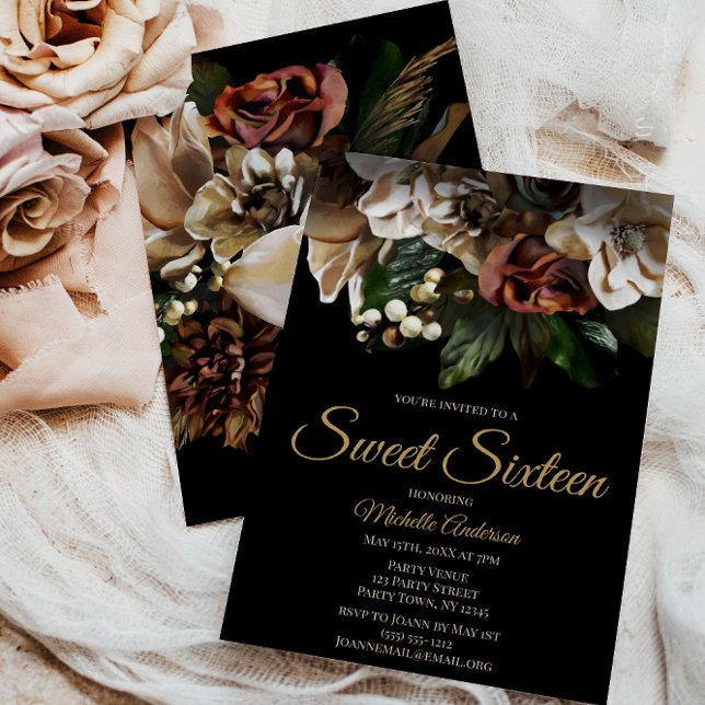 Invitation Magnolia Top Gold et Black Floral Sweet sixteen (Créateur téléchargé)