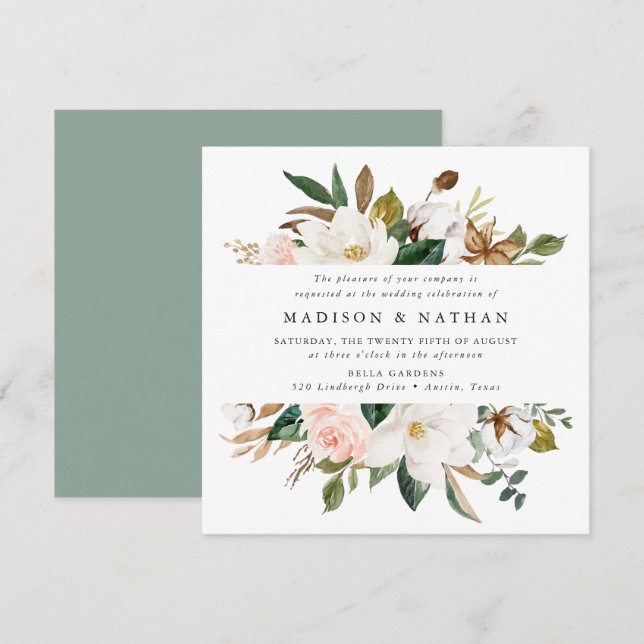 Invitation Magnolias aquarelles | Mariage floral (Devant / Derrière)