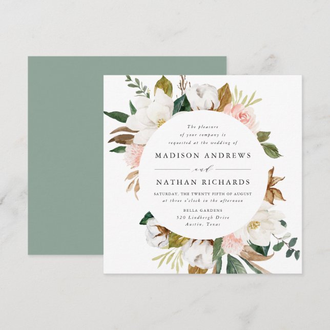 Invitation Magnolias aquarelles | Mariage floral (Devant / Derrière)