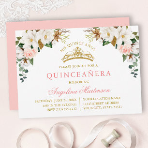 Invitation Magnolias Aquarelles Roses Roses Quinceanera Or