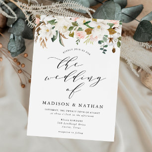 Invitation Magnolias Blancs Élégants et Mariage Floral Rose