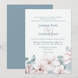 Invitation Magnolias Bleu Dusty Élégant Mariage Printemps