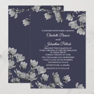 Invitation Magnolias gris du Sud et Mariage bleu de minuit
