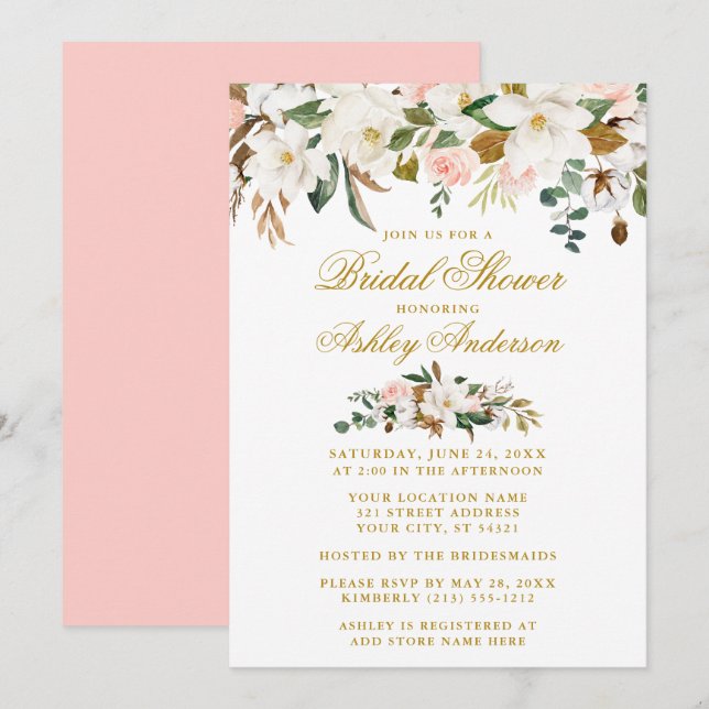 Invitation Magnolias Rose or rose Fête des mariées élégante (Devant / Derrière)