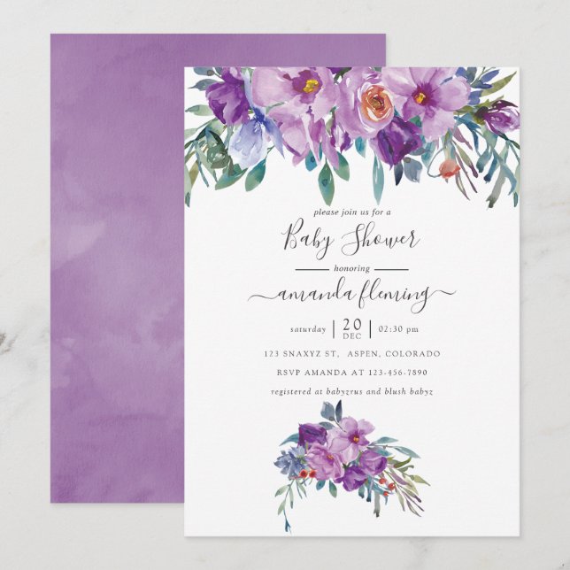 Invitation Magnolias violet et Baby shower Rose d'aquarelle (Devant / Derrière)