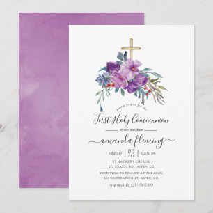 Invitation Magnolias violettes et roses Sainte Communion aqua