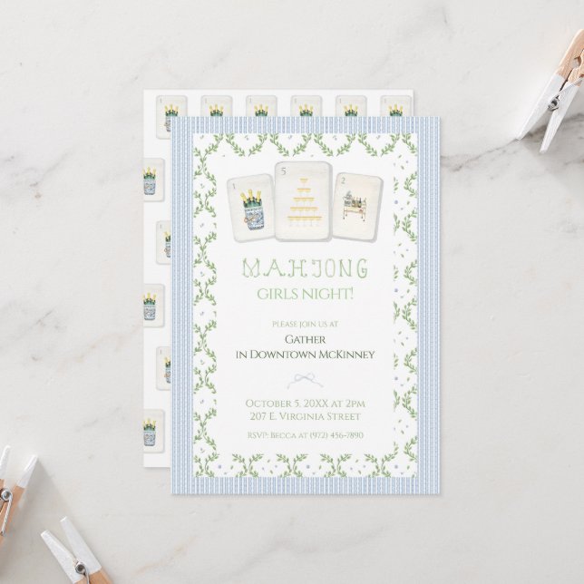 Invitation Mahjong Party Invitation, Preppy Champagne  (Devant/Arrière en situation)