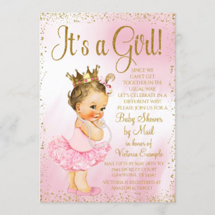 Invitation Mail Baby shower Pink Gold Brunette Princess Tutu