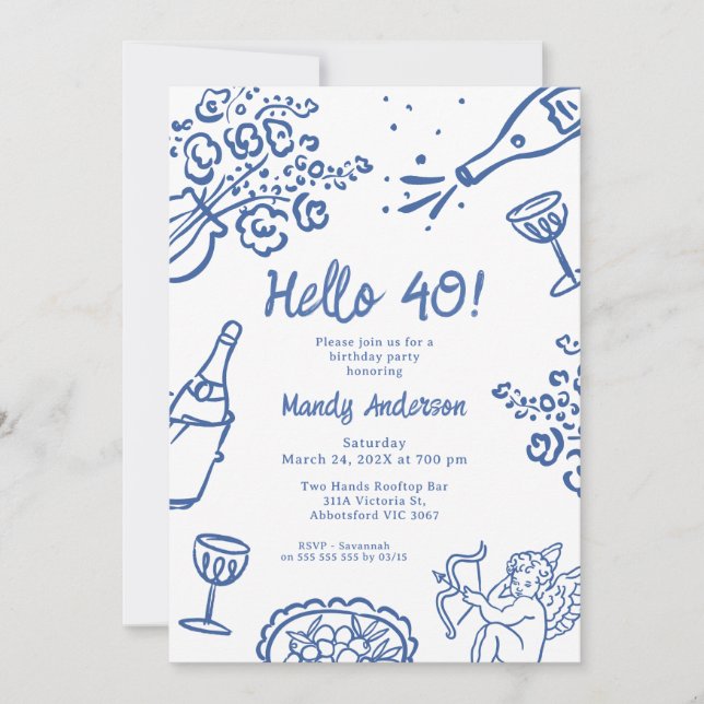 Invitation Main bleue Whimsical tirée 40e fête d'anniversaire (Devant)