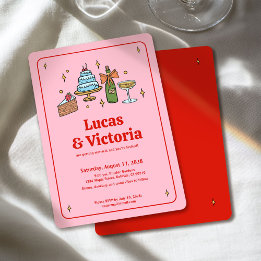 Invitation Main dessinée Bold Mariage blanc rouge et rose