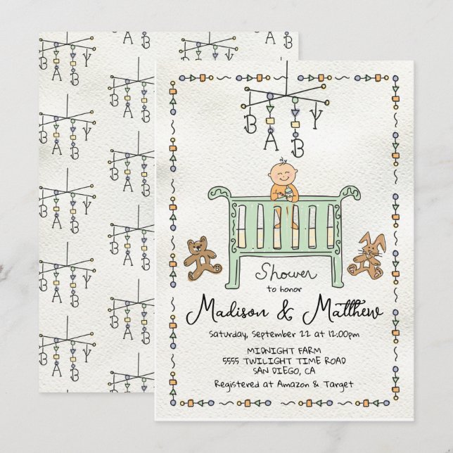 Invitation Main dessinée Whimsical Baby Crib Mobile (Devant / Derrière)