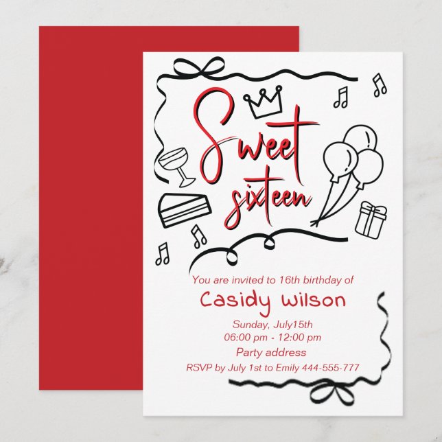 Invitation Main dessinée whimsy joueuse princesse douce 16 (Devant / Derrière)