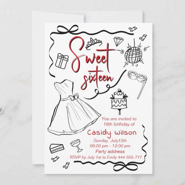 Invitation Main dessinée whimsy joueuse princesse douce 16 (Devant)