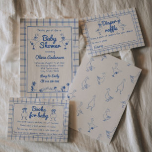 Invitation Main d'oie dessinée bleu En vichy bébé garçon douc