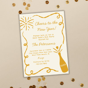 Invitation Main dorée dessinée à la main Champagne qui saute 