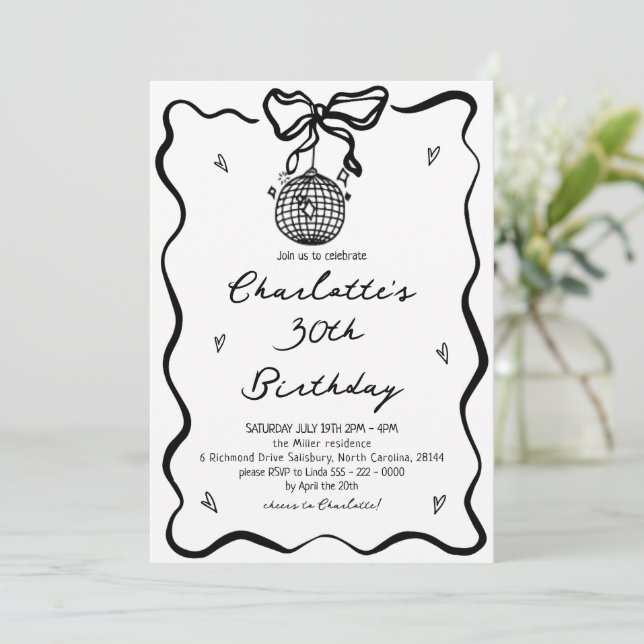 Invitation Main Drawn black disco ball 30e anniversaire (Debout devant)