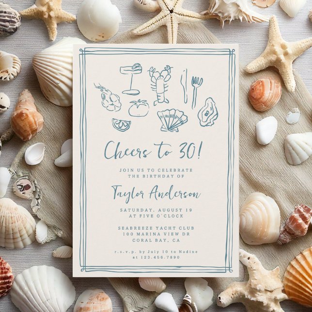 Invitation Main Drawn Funky Nautical Beach 30e anniversaire (Créateur téléchargé)