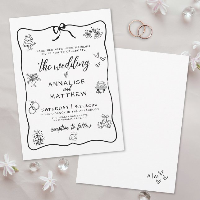 Invitation Main lunaire dessinée Mariage illustré (Whimsical Hand Drawn Illustrated Wedding Invitation)