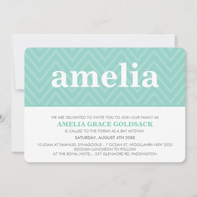 Invitation MAIN motif chevron de nom tendance CUTE BAT MITZVA (Devant)