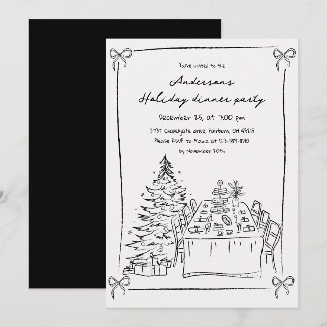 Invitation Main noire et blanche dessinée Fête de Noël (Devant / Derrière)