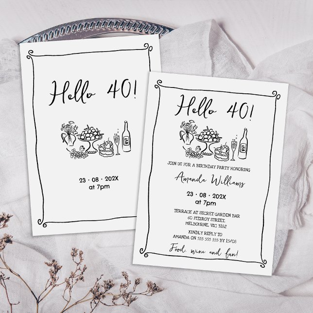 Invitation Main noire Whimsical tirée 40e anniversaire (Whimsical Hand Drawn Hello 40 Birthday Invitation, Any Age Whimsical Birthday Invitation, Food Drink)