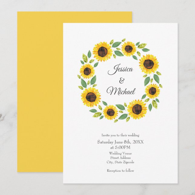 Invitation Main Painted Watercolor Sunflower (Devant / Derrière)
