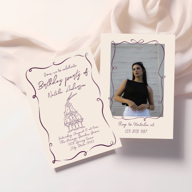 Invitation Main rétro tiré violet vague photo fête d'annivers (Créateur téléchargé)