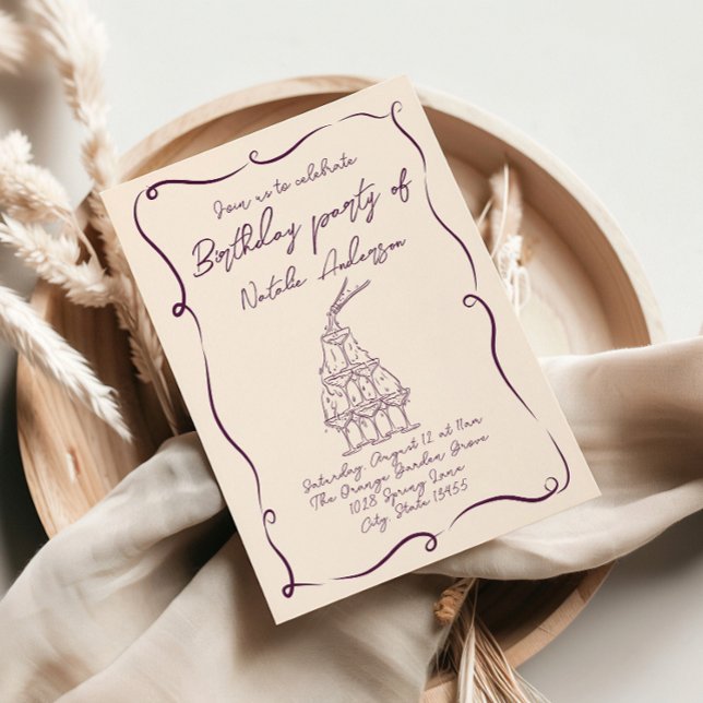 Invitation Main rétro tiré violet Wavy les années 70 fête d'a (Créateur téléchargé)