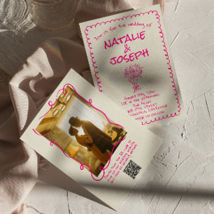 Invitation Main rétro tirée Vivid Rose Photo QR Code Mariage