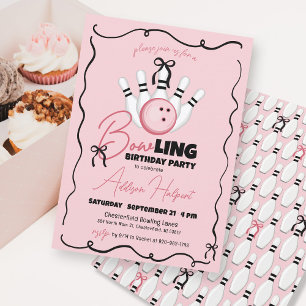 Invitation Main rose dessinée BOWling Bows Fille Anniversaire