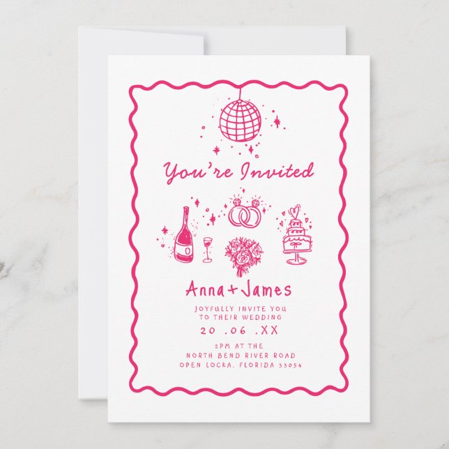 Invitation main rose dessinée whimsical tendance mariage funk (Devant)