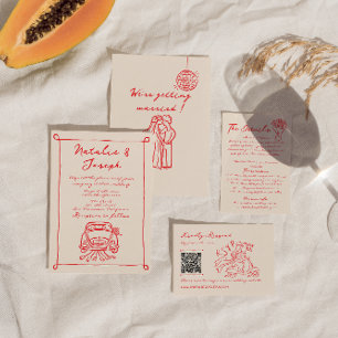 Invitation Main rouge rétro dessinée Écrit Mariage curieux
