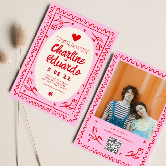 Invitation Main rouge rose tiré Wavy Retro Mariage (Créateur téléchargé)