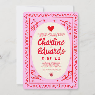 Invitation Main rouge rose tiré Wavy Retro Mariage