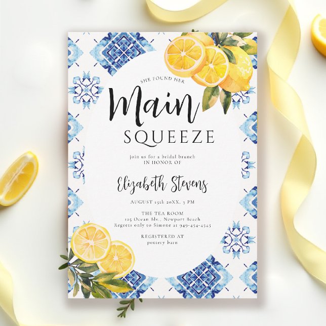 Invitation Main Squeeze Citron Carreaux Bleus Fête des mariée (main squeeze bridal shower lemon theme mediterranean italian summer blue tile invitation)