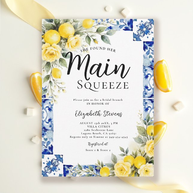 Invitation Main Squeeze Lemon Blue Tile Floral Bridal Shower  (main squeeze bridal shower lemon theme mediterranean italian blue tile invitation summer)