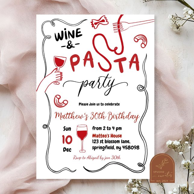 Invitation Main tiré vin rouge et fête des pâtes Adulte Anniv (Créateur téléchargé)