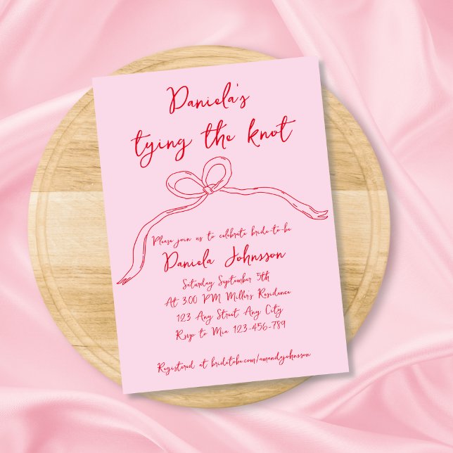 Invitation Main Tirée Bow Pink Attache La Fête des mariées Du (Hand Drawn Bow Pink Tying The Knot Bridal Shower Invitation)
