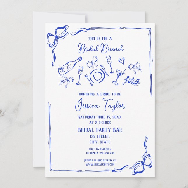 Invitation Main tirée Français Bleu Bridal Brunch Français Bo (Devant)