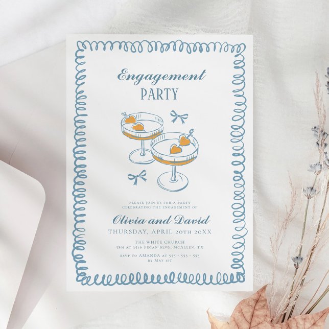 Invitation Main Tirée French Blue Whimsical Engagement Party (Créateur téléchargé)