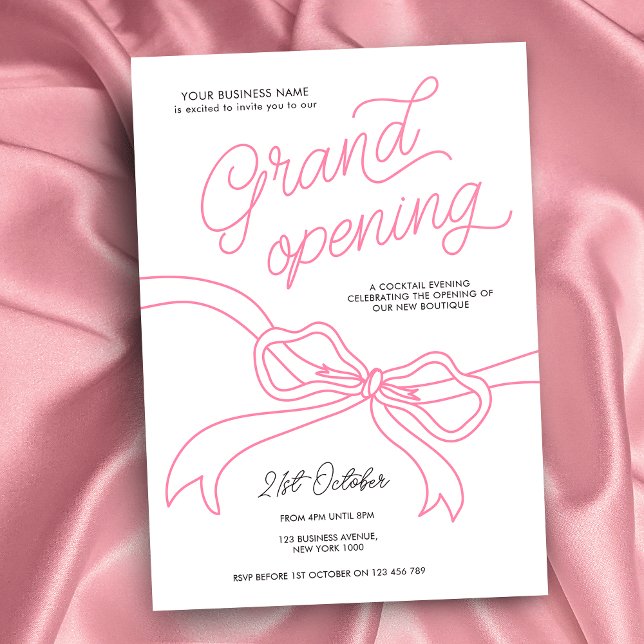 Invitation Main Tirée Pink Bow Unique Business Grand Ouvertur (Feminine blush pink and white business opening invitation with handwritten text and pink bow graphic)