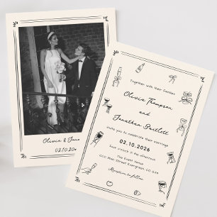 Invitation Main tirée Quirky Black & White Vieux Mariage arge
