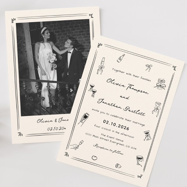 Invitation Main tirée Quirky Black & White Vieux Mariage arge (Créateur téléchargé)