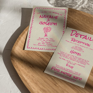 Invitation Main Tirée Vivid Rose Retro Mariage double face